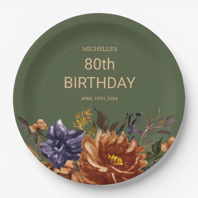 Rust Orange Blue Floral Green Birthday Paper Plates (Front)