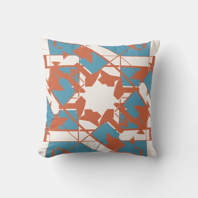 Rust Orange Blue Mediterranean Look Floral Motif Throw Pillow (Front)