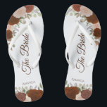 Rust Orange Boho Autumn Roses The Bride Wedding Flip Flops<br><div class="desc">Dance the night away with these beautiful wedding flip flops. Designed for the bride, they feature a rustic yet elegant design with hand painted watercolor roses and autumn garden foliage in shades of rust orange, terracotta, coral peach and burnt umber. Beautiful way to stay fancy and appropriate while giving your...</div>