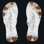 Rust Orange Boho Chic Floral Maid of Honor Wedding Flip Flops<br><div class="desc">These beautiful wedding flip flops are a great way to thank and recognize your Maid of Honor while saving her feet at the same time. Features an elegant boho chic design with hand painted watercolor roses in shades of rust orange and coral peach, along with burnt umber colored script lettering....</div>