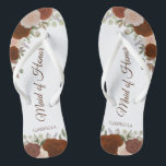 Rust Orange Boho Chic Floral Maid of Honor Wedding Flip Flops<br><div class="desc">These beautiful wedding flip flops are a great way to thank and recognize your Maid of Honor while saving her feet at the same time. Features an elegant boho chic design with hand painted watercolor roses in shades of rust orange and coral peach, along with burnt umber colored script lettering....</div>