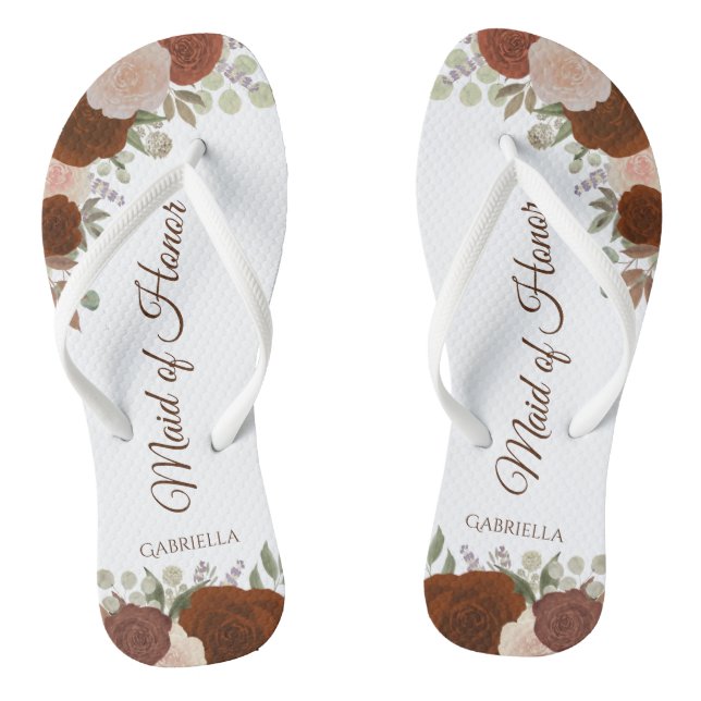 Rust Orange Boho Chic Floral Maid of Honor Wedding Flip Flops (Footbed)