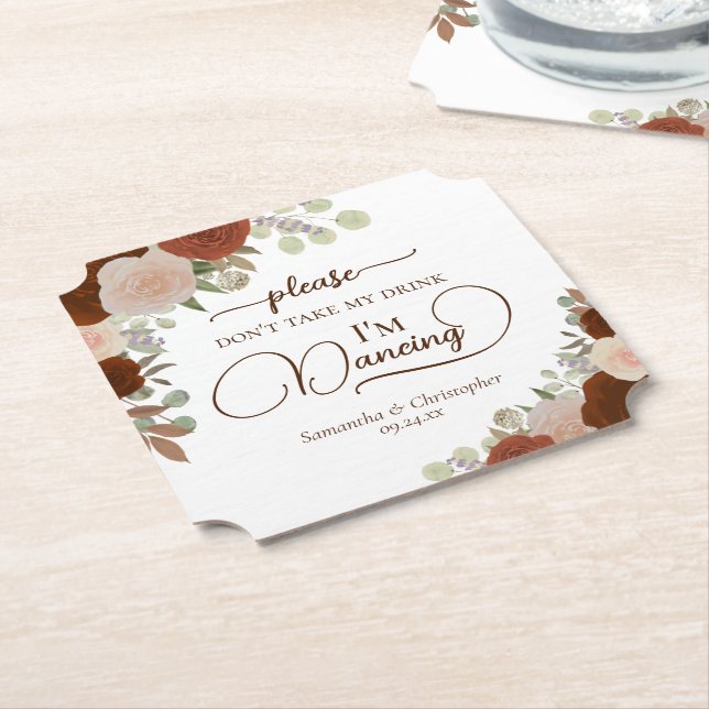 Rust Orange Boho Roses Don't Take My Drink Wedding Paper Coaster (Angled)