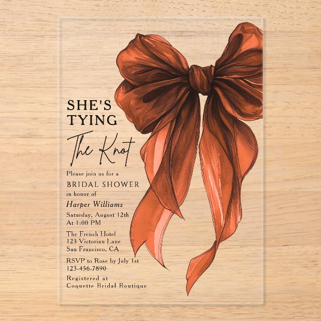 Rust Orange Bow She's Tying The Knot Bridal Shower Acrylic Invitations (Front)