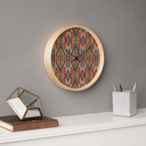 Rust Orange Brown Turquoise Teal Blue Tribal Art Clock