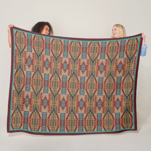 Rust Orange Brown Turquoise Teal Blue Tribal Art Fleece Blanket