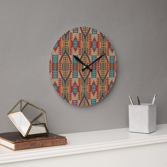 Rust Orange Brown Turquoise Teal Blue Tribal Art Large Clock (Office)