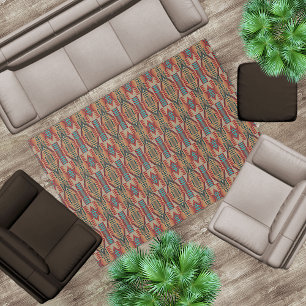 Rust Orange Brown Turquoise Teal Blue Tribal Art Rug