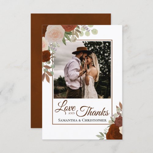 Rust Orange  Coral Roses Love  Thanks Wedding Thank You Card