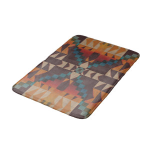 Rust Orange Dark Red Brown Teal Blue Tribal Art Bathroom Mat