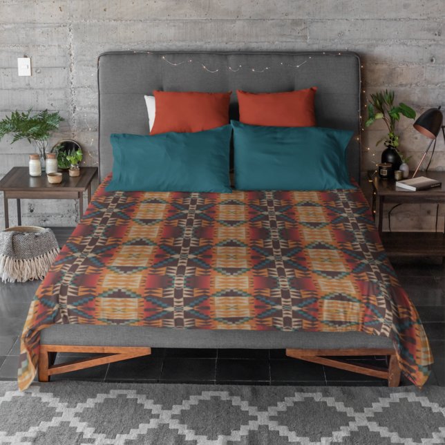 Rust Orange Dark Red Brown Teal Blue Tribal Art Duvet Cover (Creator Uploaded)