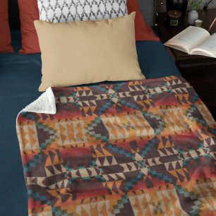 Rust Orange Dark Red Brown Teal Blue Tribal Art Fleece Blanket