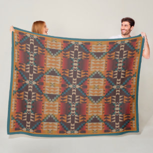 Rust Orange Dark Red Brown Teal Blue Tribal Art Fleece Blanket