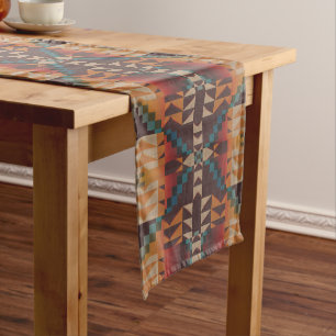 Rust Orange Dark Red Brown Teal Blue Tribal Art Short Table Runner