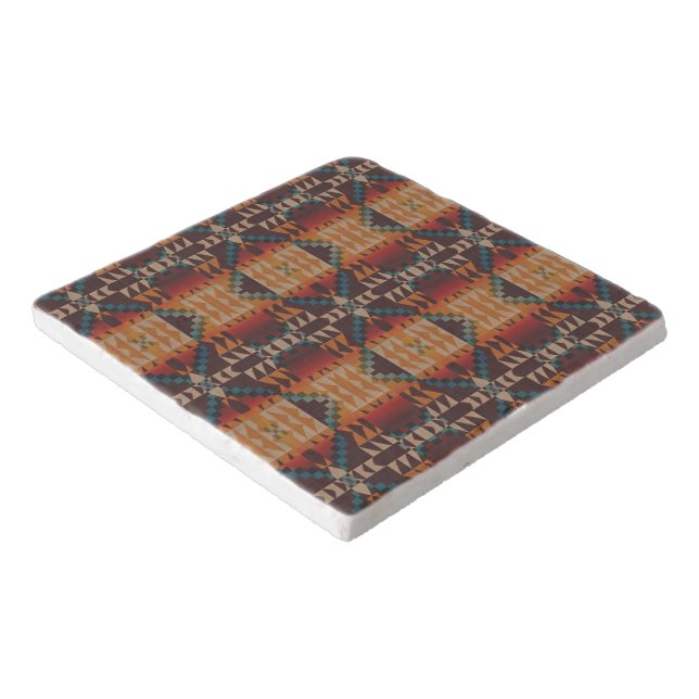 Rust Orange Dark Red Brown Teal Blue Tribal Art Trivet (Corner)