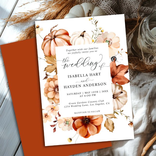 Rust Orange Fall Earthy Floral Pumpkin Wedding Invitation (Creator Uploaded)