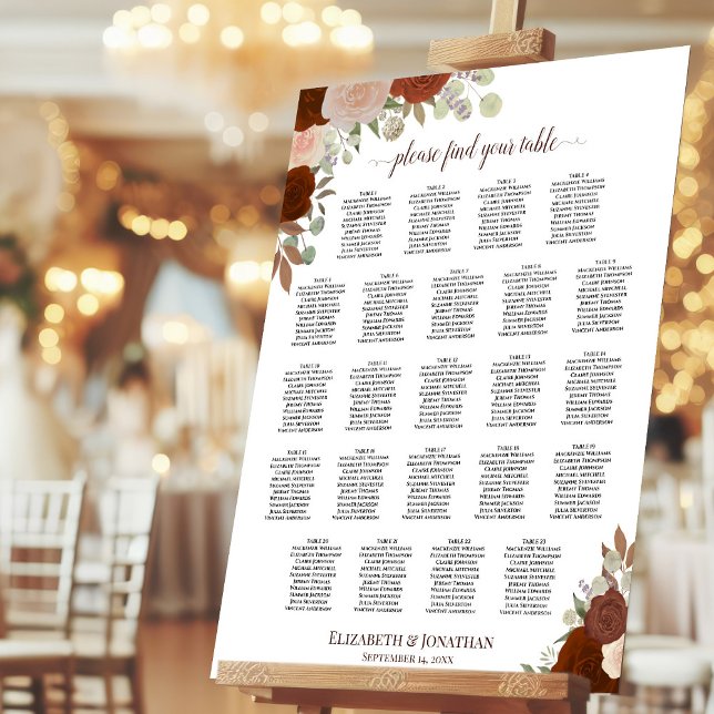 Rust Orange Floral 23 Table Wedding Seating Chart Foam Board (On Stand at Reception)