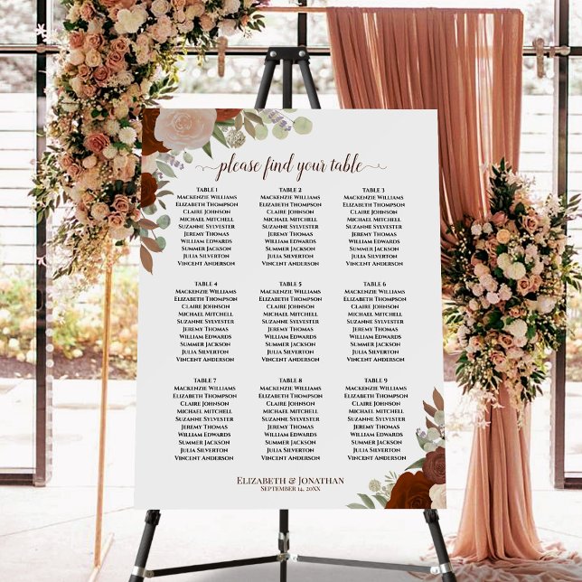Rust Orange Floral 9 Table Wedding Seating Chart Foam Board (In Situ on Stand with Flowers)