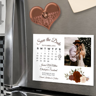 Rust Orange Floral Calendar & Photo Save the Date Magnetic Invitation