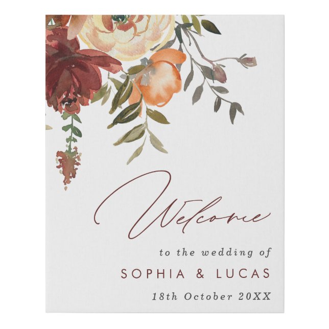 Rust & Orange Floral Fall Wedding Welcome Faux Canvas Print (Front)