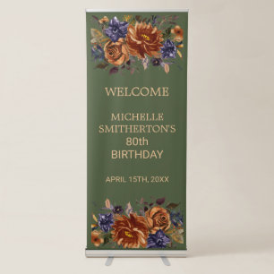 Rust Orange Floral Green 80th Birthday Welcome Retractable Banner