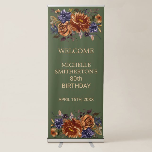 Rust Orange Floral Green 80th Birthday Welcome Retractable Banner (Front)