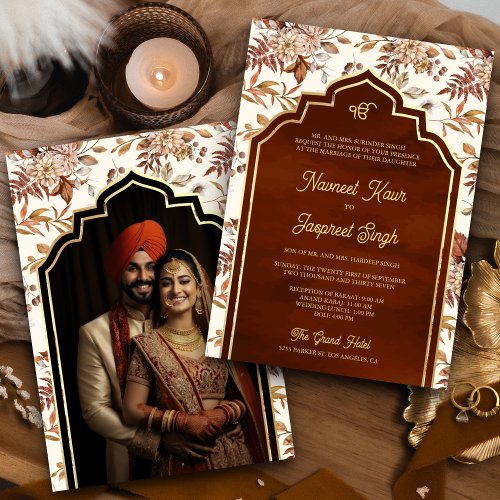 Rust Orange Floral Photo Anand Karaj Sikh Wedding Invitation