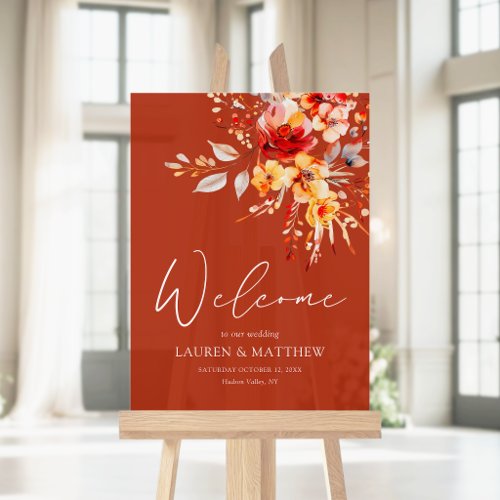 Rust Orange Floral Script Wedding Welcome Acrylic Sign