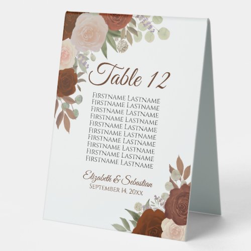 Rust Orange Floral Wedding Seating Chart  Number Table Tent Sign