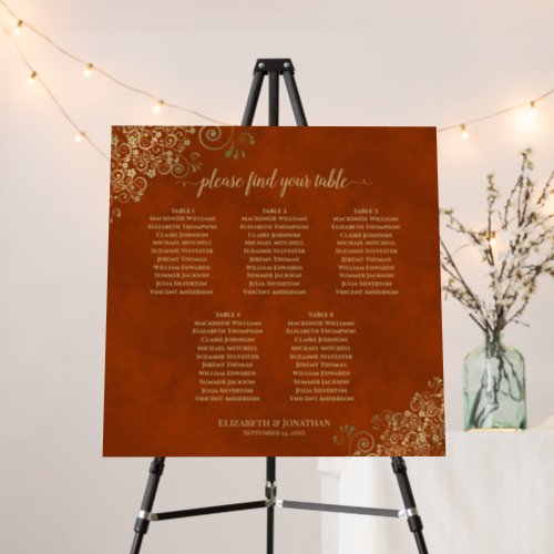 Rust Orange  Gold 5 Table Wedding Seating Chart Foam Board