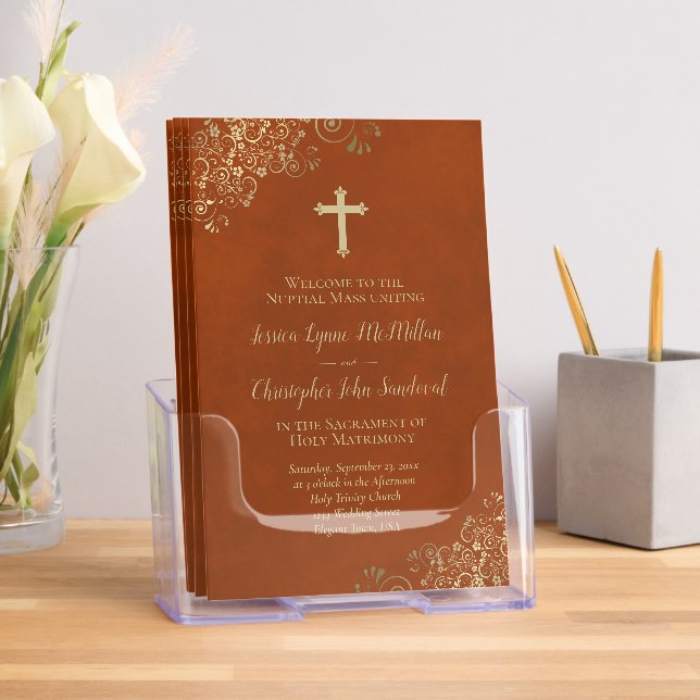 Rust Orange & Gold Fancy Catholic Wedding Program Brochure (Insitu)