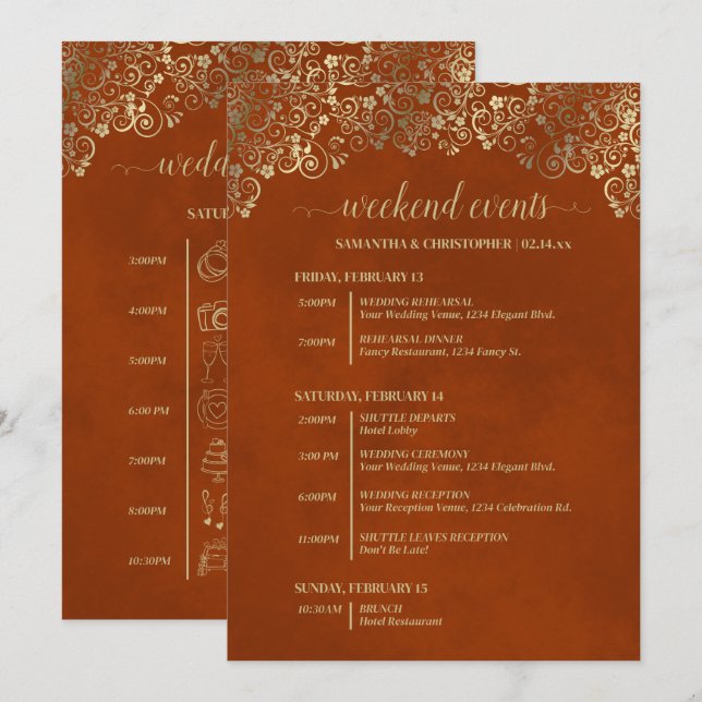 Rust Orange & Gold Glam Wedding Events & Timeline Program (Front/Back)