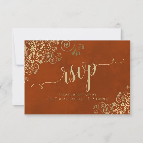 Rust Orange Gold Lace Elegant Calligraphy Wedding RSVP Card