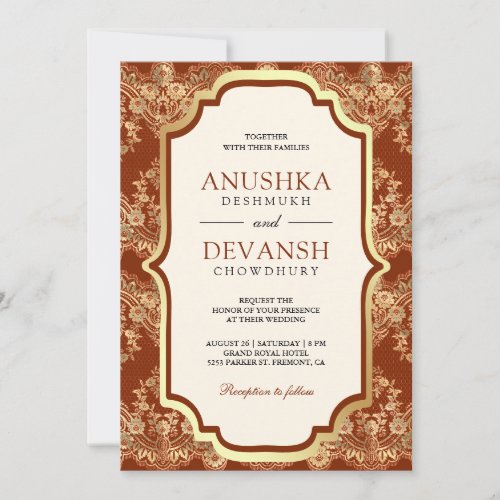 Rust Orange Gold Lace Indian Wedding Invitation