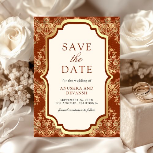 Rust Orange Gold Lace Indian Wedding Save The Date