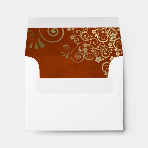 Rust Orange  Gold Lace Inside White Wedding RSVP Envelope