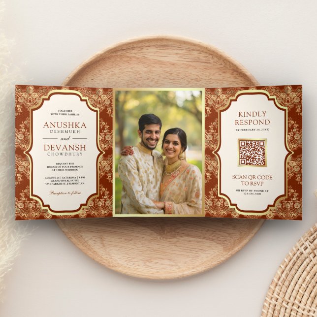 Rust Orange Gold Lace QR Code Photo Indian Wedding Tri-Fold Invitation (Creator Uploaded)