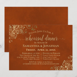Rust Orange & Gold Lace Wedding Rehearsal & Dinner Invitation
