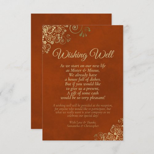 Rust Orange  Gold Lace Wedding Wishing Well Poem Enclosure Card