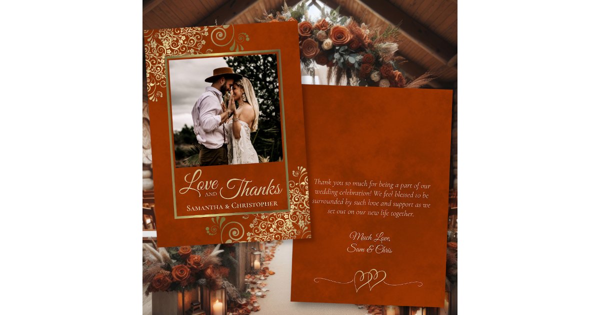 Rust Orange & Gold Love Thanks Photo Note Wedding Thank You Card | Zazzle