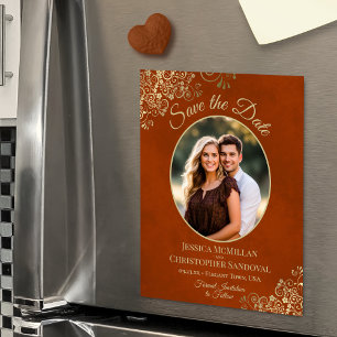 Rust Orange & Gold Wedding Save Date Oval Photo Magnetic Invitation