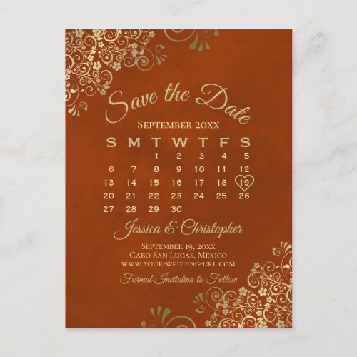 Rust Orange  Gold Wedding Save the Date Calendar Announcement Postcard