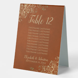 Rust Orange & Gold Wedding Table Number & Names Table Tent