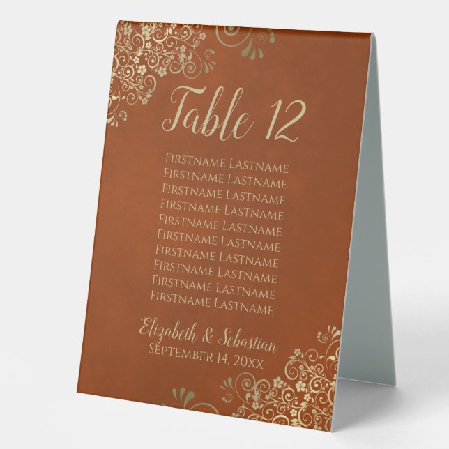 Rust Orange & Gold Wedding Table Number & Names Table Tent (Front)