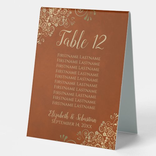 Rust Orange  Gold Wedding Table Number  Names Table Tent Sign