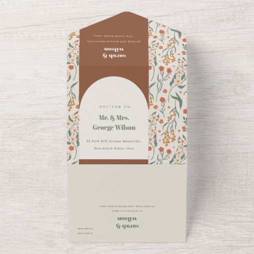 Rust Orange Groovy Retro Arch Floral Wedding All In One Invitation | Zazzle