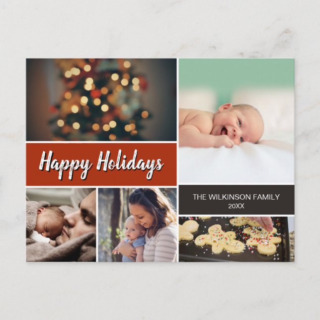 Rust Orange Happy Holidays Photo Collage Christmas Holiday Postcard (Front)