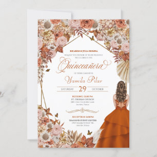 Rust Orange Leaves Autum Falll Floral Quinceanera Invitation