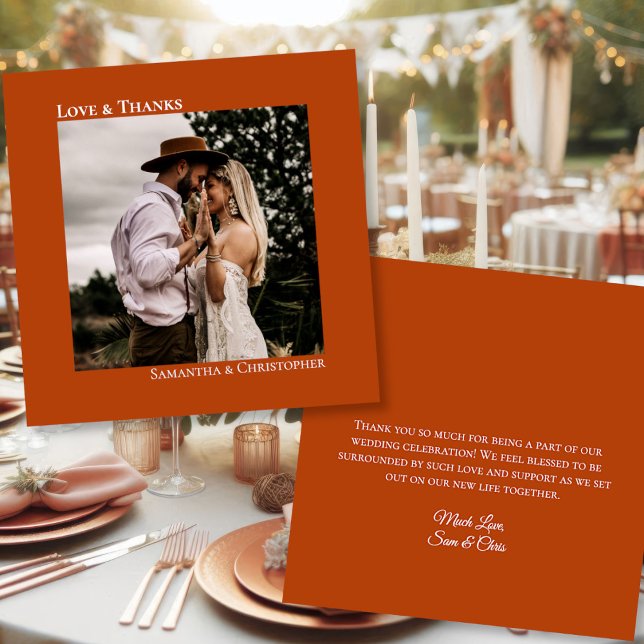 Rust Orange Love Thanks Photo & Note Wedding Thank You Card (Front/Back)