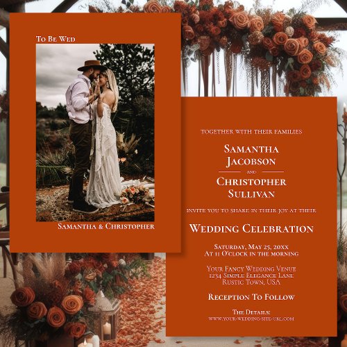 Rust Orange Minimalist Vertical Photo Wedding Invitation